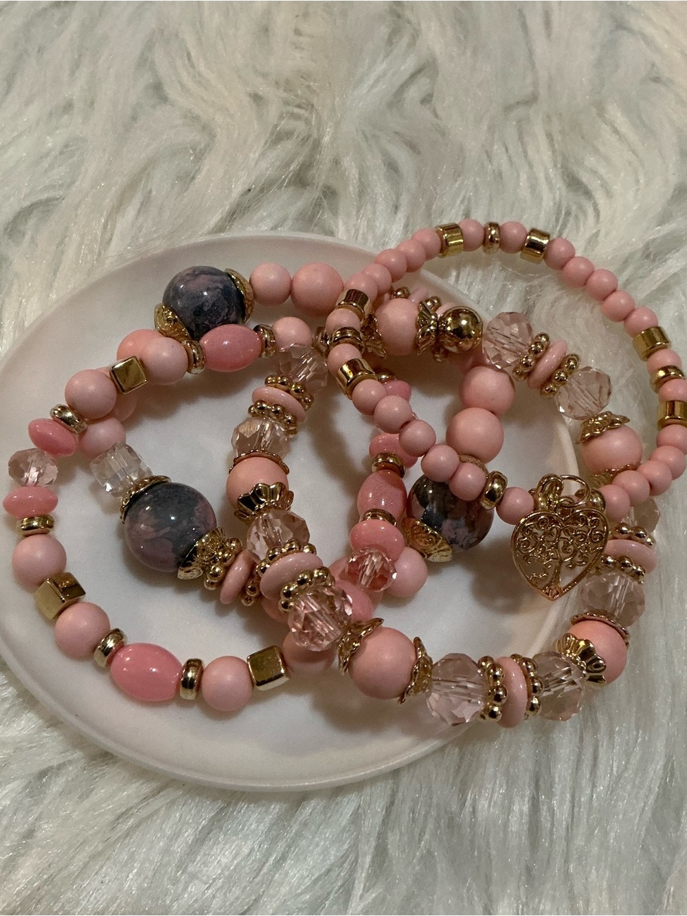 4pc Pink Beaded Bracelets with Gold Accents and Charms